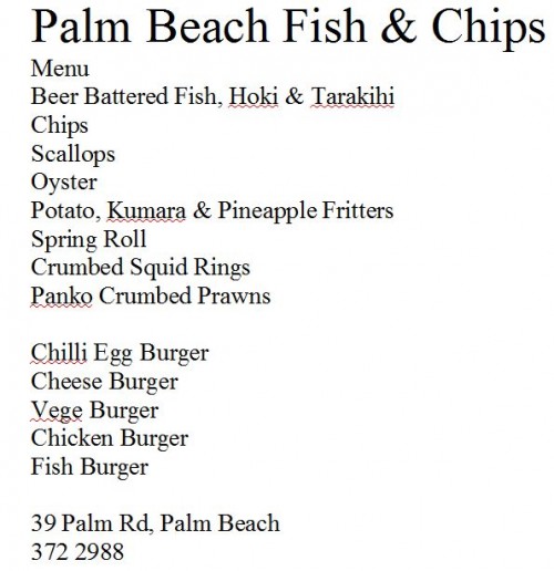 Palm Beach Fish & Chips Menu